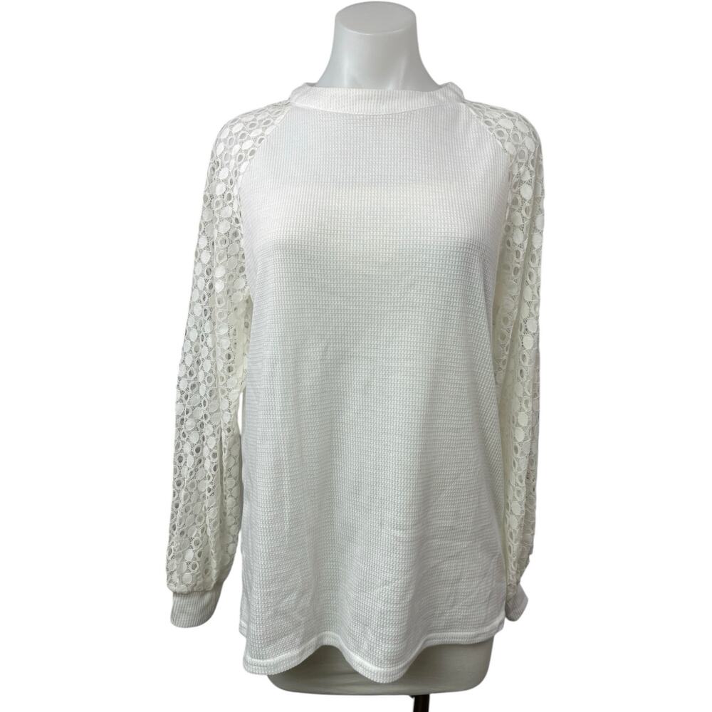 Miholl Women's White Lace Crew Neck Long Sleeve Waffle Knit Sweater Top Size M